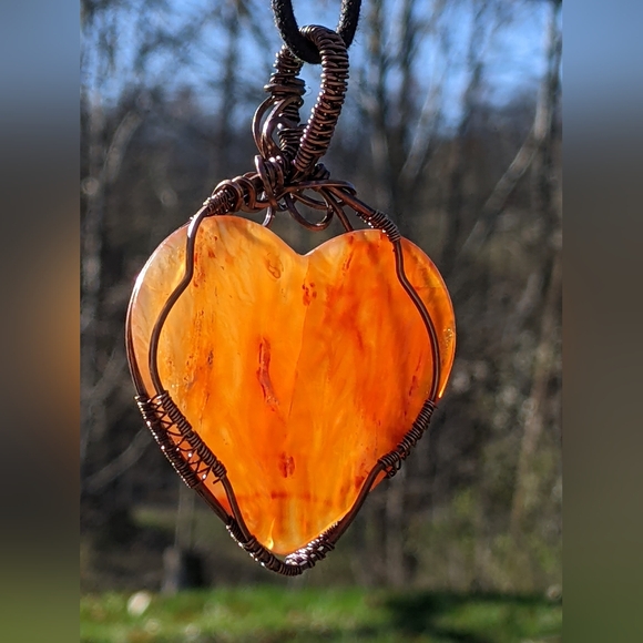 Hand Crafted Carnelian Heart Pendant Statement Necklace Copper Wire Wrap - Picture 10 of 14